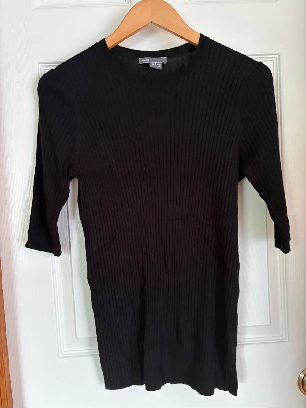 Vince Black Ribbed Knit Elbow Sleeve Top Size Medium